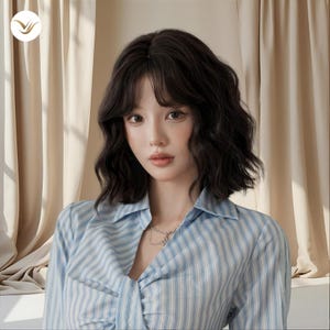 Pode incluir: Uma pessoa com cabelo escuro ondulado e franja, usando uma camisa listrada azul clara e branca com gola. A camisa tem um detalhe de nó na cintura. Um colar de prata é visível. O fundo apresenta cortinas bege.