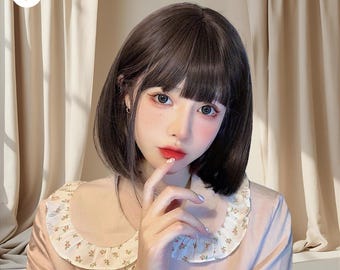 12" Dark Brown Short Bob Wig with Bangs – Heat-Resistant Natural Look Straight Synthetic Hair