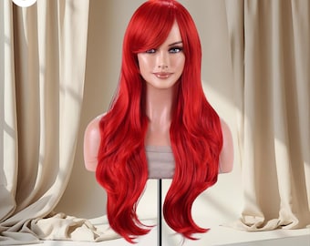 May include: A vibrant red wig with long, wavy hair and a side-swept bang is displayed on a mannequin head. The wig is styled with voluminous curls and a natural-looking hairline. The mannequin is mounted on a black stand against a neutral background.