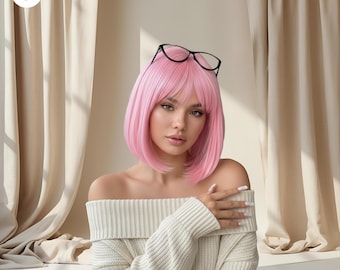 Pink Ombre Bob Wig With Bangs, Straight Synthetic Hair - Etsy display picture 1