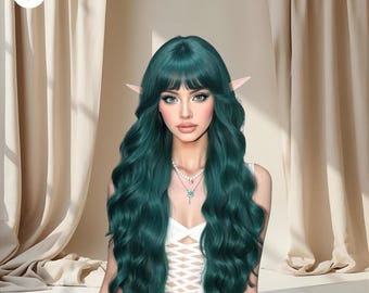 Dark Green 28" Long Curly Wig with Bangs Natural Heat-Resistant Synthetic Wig for Women