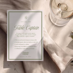 Könnte beinhalten: Eine rechteckige weiße Karte mit einem salbeigrünen Rand, die den Text "You are the Table Captain" und eine Liste von Aufgaben für Hochzeitsgäste enthält. Die Karte zeigt die Namen "Eleanor & William" und das Datum "August 28, 2017" in dunkler Schrift.