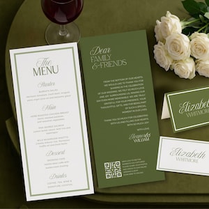 May include: A wedding stationery set featuring a white menu card with green borders, a tall green thank you card with white text and a QR code, a folded green place card, and a flat white name card, all printed with the name Elizabeth Whitmore.