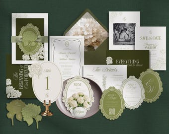 May include: A wedding stationery suite featuring olive green and white color schemes with hydrangea illustrations. Includes a table number, menu card, RSVP cards, save the date, and details cards with elegant script and serif typography.