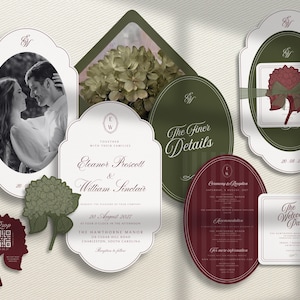 May include: A wedding stationery suite featuring scalloped and oval cards in shades of dark green, burgundy, and white. The set includes a photo card, an invitation with text for Eleanor Prescott and William Sinclair, an RSVP card with a QR code, and information cards with floral accents.