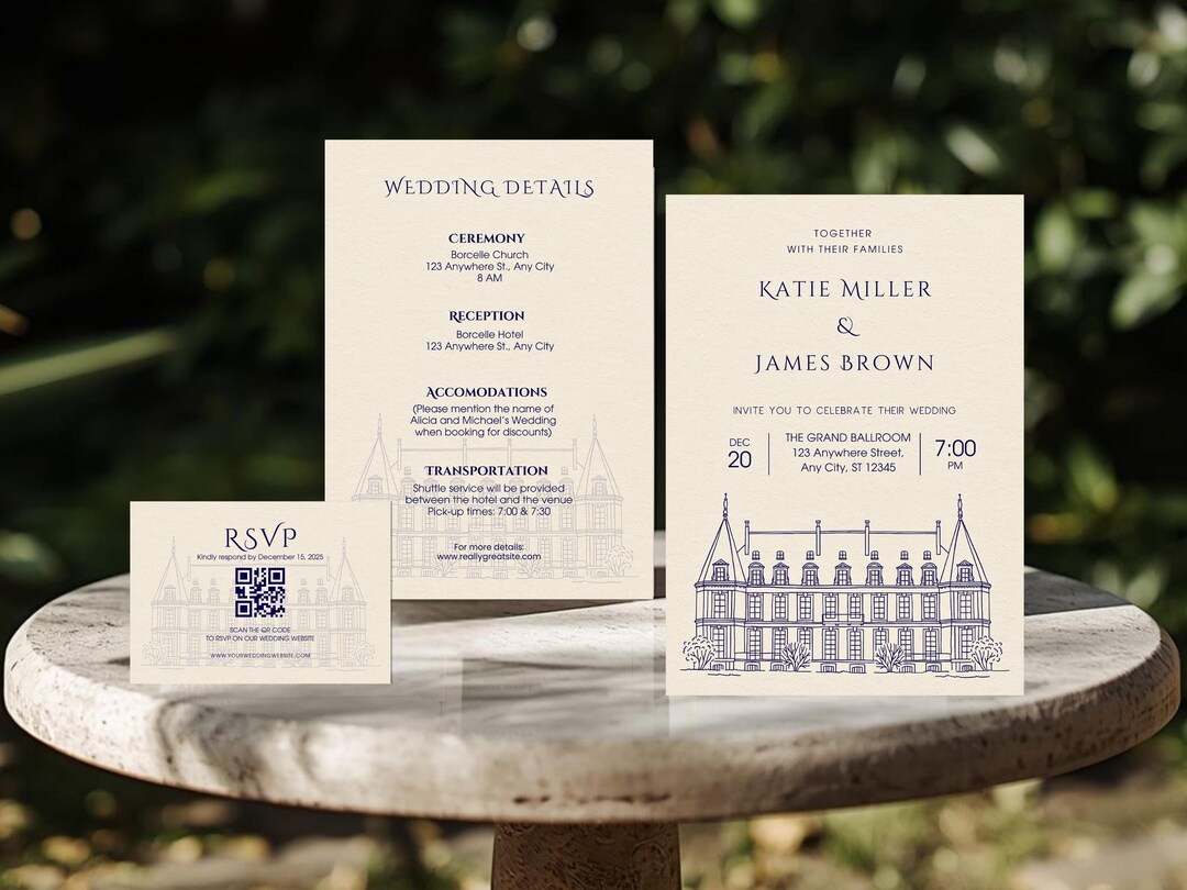 Venue Illustration Wedding Invitation Set, Classic Architectural ...