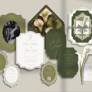 May include: A wedding stationery suite in shades of olive green and white, featuring ornate die-cut cards, an envelope with a calla lily floral print, and elegant script text including names like Eleanor Prescott and William Sanders.