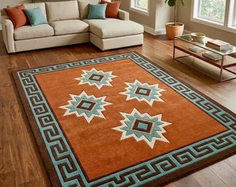 Southwestern Geometric Tufted Wool Rug, Terracotta Boho Living Room Carpet..