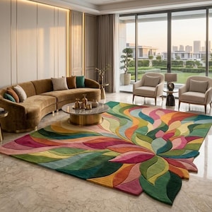 May include: A large rectangular area rug featuring a vibrant, multi-colored floral-inspired pattern with overlapping petal shapes in shades of deep green, lime, orange, pink, and yellow, set against a polished marble floor in a living room.