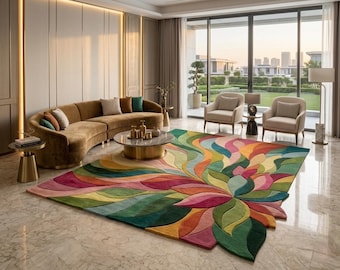 Colorful Abstract Floral Area Rug, Handmade Tufted Wool Carpet, Modern Boho Living Room Decor.