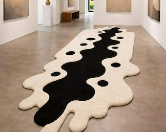 Abstract Black White Sculptural Rug, Handmade Artistic Statement Carpet