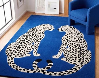 Blue Leopard Area Rug, Mirrored Cheetahs, Royal Blue Animal Print Carpet