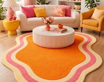 Orange Pink Wavy Area Rug, Handmade Tufted Rug, Abstract Living Room Carpet.