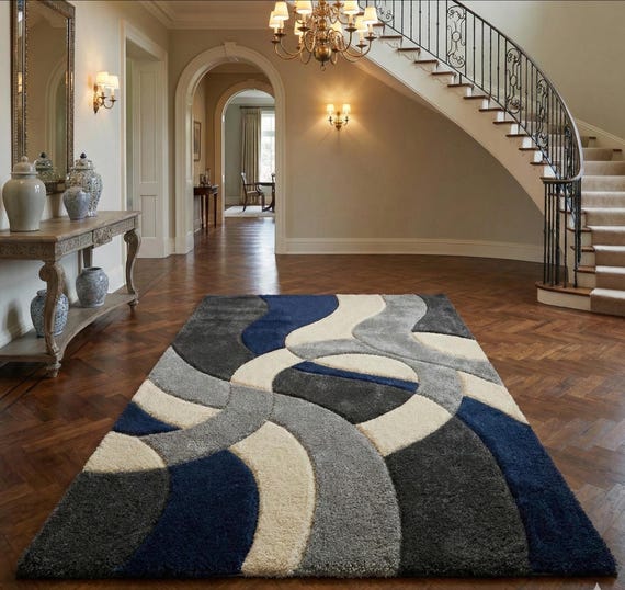 Modern Abstract Blue Grey Geometric Plush Rug, Soft Shag Carpet