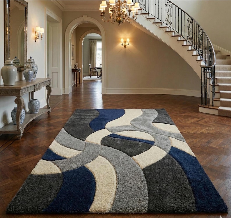 Modern Abstract Area Rug, Blue Grey Geometric Rug, Contemporary Plush Carpet, Luxury Living Room Rug, Soft Shag Modern Rug, Neutral Designer Home Decor