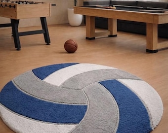 Volleyball Round Tufted Rug, Sports Area Rug, Blue White Geometric Carpet, Kids Room Decor, Game Room Rug, Custom Size..