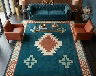 Southwestern tufted rug, Modern Geometric Area Rug, Teal Living Room Carpet, Luxury Abstract Rug, Custom Size Wool Rug..