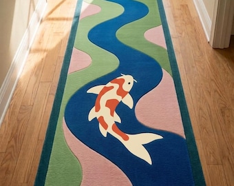 Koi Fish Runner Rug, Modern Abstract Hallway Rug, Japanese Inspired Area Rug, Tufted Runner Carpet, Custom Size Home Decor.