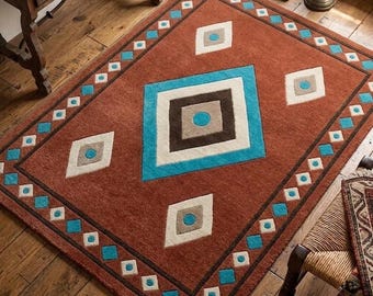 Southwestern Area Rug, Terracotta Geometric Rug, Modern Rustic Carpet, Boho Living Room Rug, Tribal Accent Rug, Custom Size Rug..