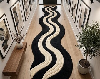 Black Cream Wave Runner Rug, Modern Abstract Hallway Rug.