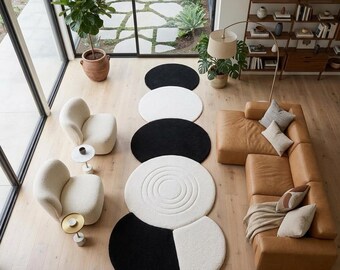 Black White Pebble Rug, Organic Modern Tufted Area Rug, Abstract Stone Floor Mat, Minimalist Bedroom Living Room Decor.