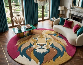 Handmade Lion Round Tufted Rug, Luxury Wool Blend Carpet, Modern Artistic Statement Home Decor