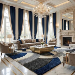 Modern Abstract Area Rug, Blue Grey Geometric Rug, Contemporary Plush Carpet, Luxury Living Room Rug, Soft Shag Modern Rug, Neutral Designer Home Decor