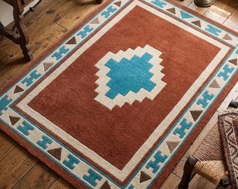 Southwestern Terracotta Geometric Tribal Area Rug, Boho Western Living Room Carpet