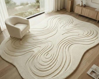 Organic Shape Cream Area Rug, Modern Abstract Plush Carpet, Soft Minimalist Living Room Decor