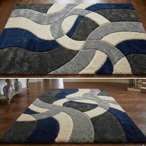 Modern Abstract Area Rug, Blue Grey Geometric Rug, Contemporary Plush Carpet, Luxury Living Room Rug, Soft Shag Modern Rug, Neutral Designer Home Decor