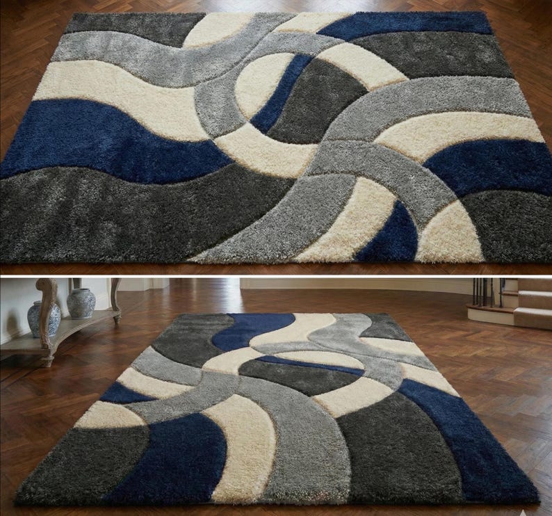 Modern Abstract Area Rug, Blue Grey Geometric Rug, Contemporary Plush Carpet, Luxury Living Room Rug, Soft Shag Modern Rug, Neutral Designer Home Decor