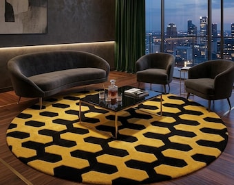 Handmade Geometric Area Rug, Black Mustard Tufted Wool Blend Carpet