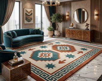 Southwestern Geometric Tribal Area Rug, Cream Teal Terracotta Boho Carpet