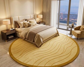 Round Cream Gold Rug, Modern Abstract Area Rug, Neutral Luxury Living Room Rug.