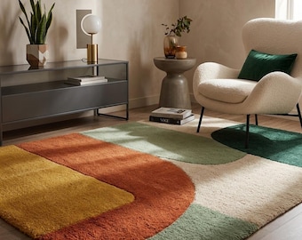 Modern Abstract Area Rug, Mid Century Geometric Carpet, Colorful Boho Living Room Rug
