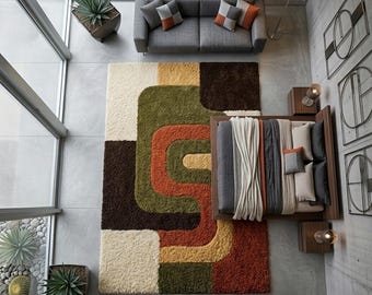 Mid Century Modern Geometric Shag Rug, Retro Abstract Carpet, Scandinavian Boho Floor Rug
