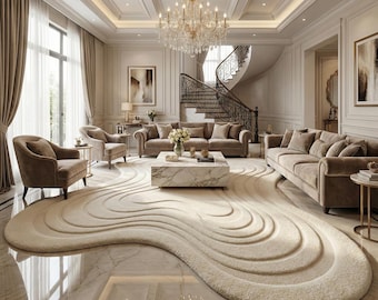 70s Luxury Modern Area Rug, Abstract Curved Rug, 8x10 Plush Cream Statement Carpet, Minimalist Sculpted Rug, Contemporary Living Room Rug,