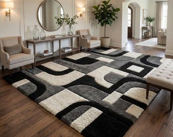 Modern Geometric Area Rug, Black White Abstract Plush Shag Carpet