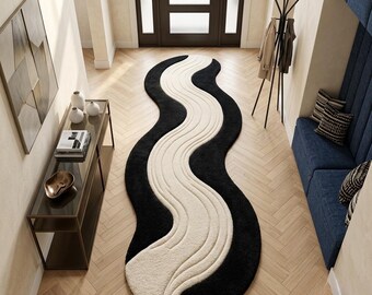 Wavy Runner Rug Black Cream, Abstract Squiggle Rug, Modern Irregular Hallway Carpet, Hand Tufted Statement Rug, Contemporary Home Decor.