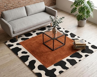 Modern Cow Print Border Rug, Hand Tufted Wool Area Rug, Rust Center Carpet, Western Decor, Luxury Living Room Rug, Custom Size Rug..