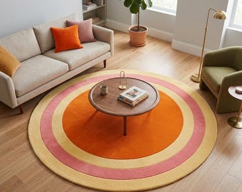 Round Modern Area Rug, Color Block Circle Rug, Orange Pink Beige Tufted Rug, Minimalist Living Room Rug, Custom Size Carpet..