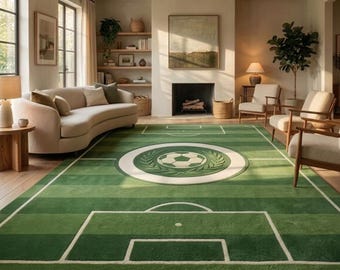 Soccer Field Rug, Realistic Football Pitch Carpet, Sports Theme Game Room Decor