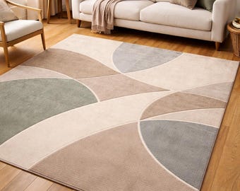 Neutral Geometric Area Rug, Scandinavian Japandi Style, Custom Size