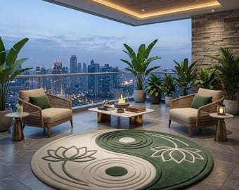 Yin Yang Lotus Area Rug, Green Cream Round Carpet, Meditation Botanical Decor