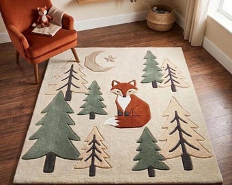 Woodland Fox Nursery Rug, Forest Animal Area Rug, Kids Room Decor, Nursery Floor Mat, Forest Theme Home Decor.