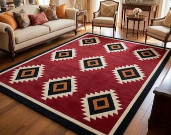 Handmade Southwestern Wool Rug, Red Geometric Tribal Tufted Carpet