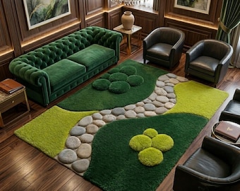 Nature Inspired Moss Rug, Pebble Path Carpet, Botanical Tufted Living Room Rug