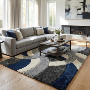 Modern Abstract Area Rug, Blue Grey Geometric Rug, Contemporary Plush Carpet, Luxury Living Room Rug, Soft Shag Modern Rug, Neutral Designer Home Decor