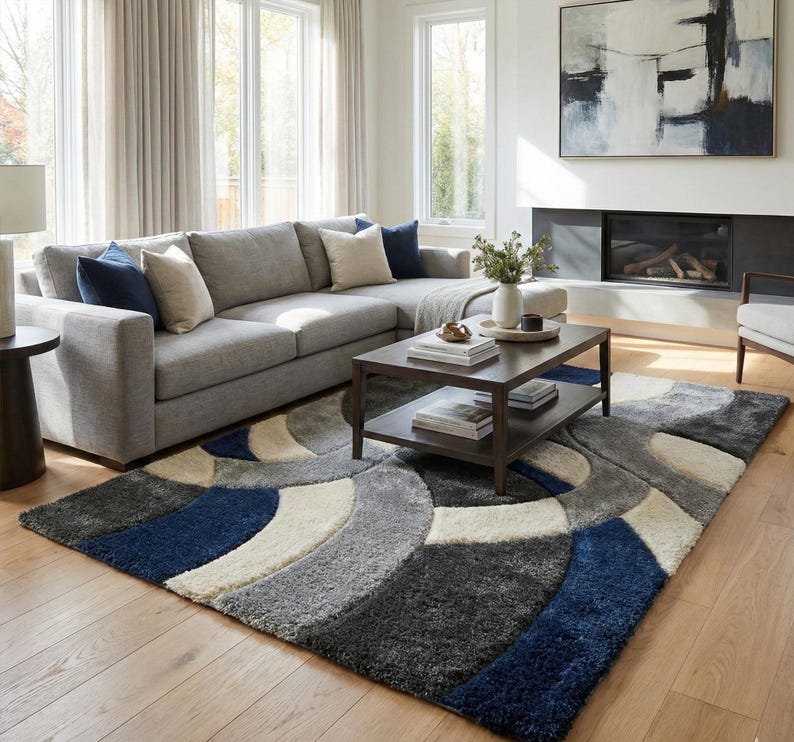 Modern Abstract Area Rug, Blue Grey Geometric Rug, Contemporary Plush Carpet, Luxury Living Room Rug, Soft Shag Modern Rug, Neutral Designer Home Decor