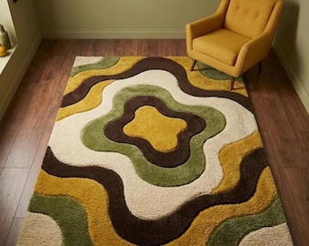 Abstract Tufted Area Rug, Green Mustard Brown Cream, Scandinavian Plush Carpet, Mid Century Living Room